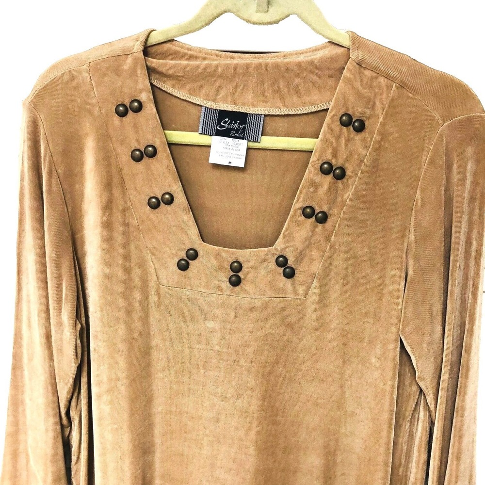 Y2K Slinky Brand Womens Taupe Jersey Knit Top‎ Embellished Square Neck  Artsy M